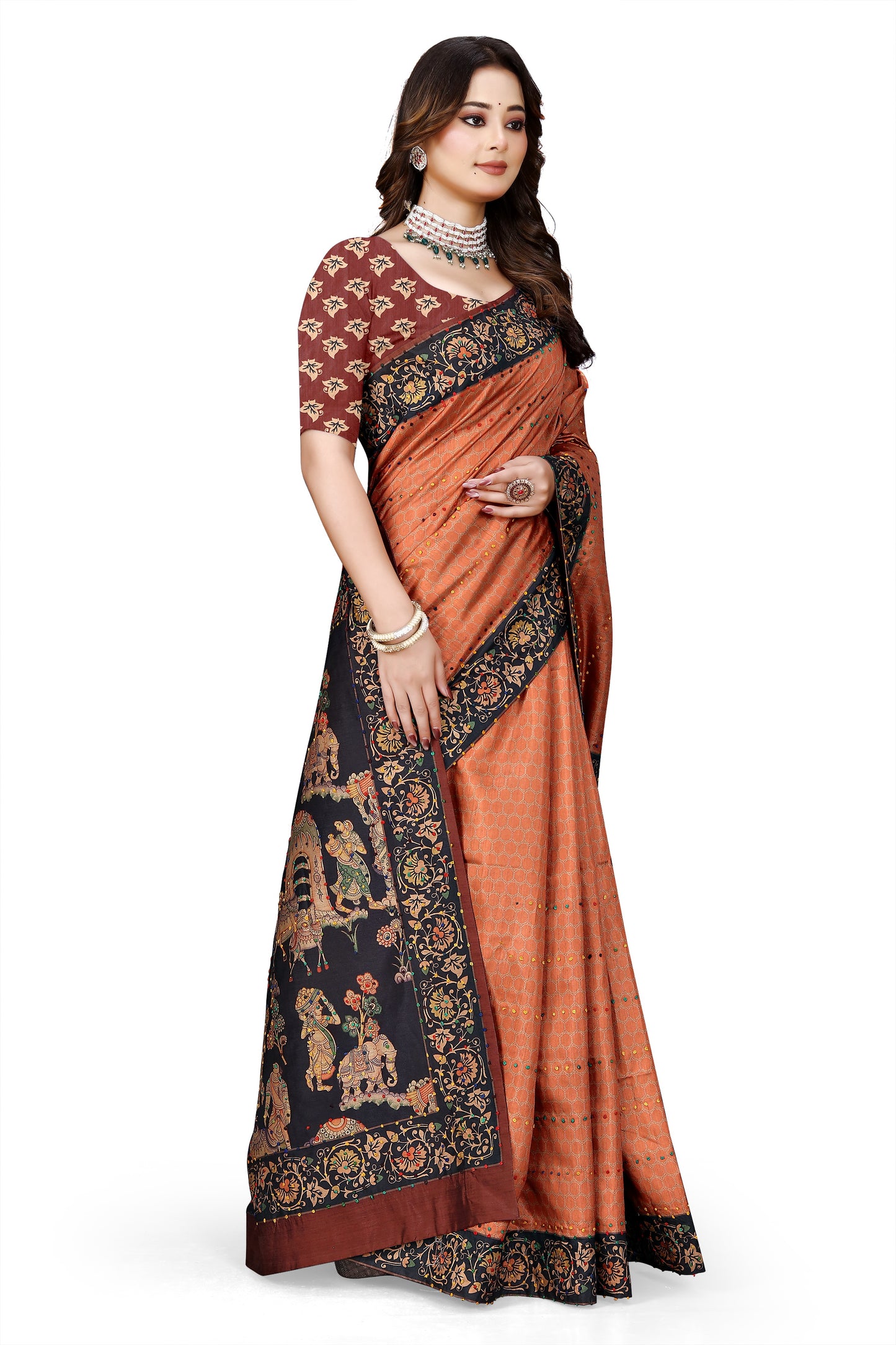 OWLSKY, SASSY & STYLO Women's Trendy Blended Silk Saree with Kalamkari Pallu & Designer Border | Festive Traditional Saree for Women | Traditional floral Motif | Saree With Unstiched Blouse Rust Orange