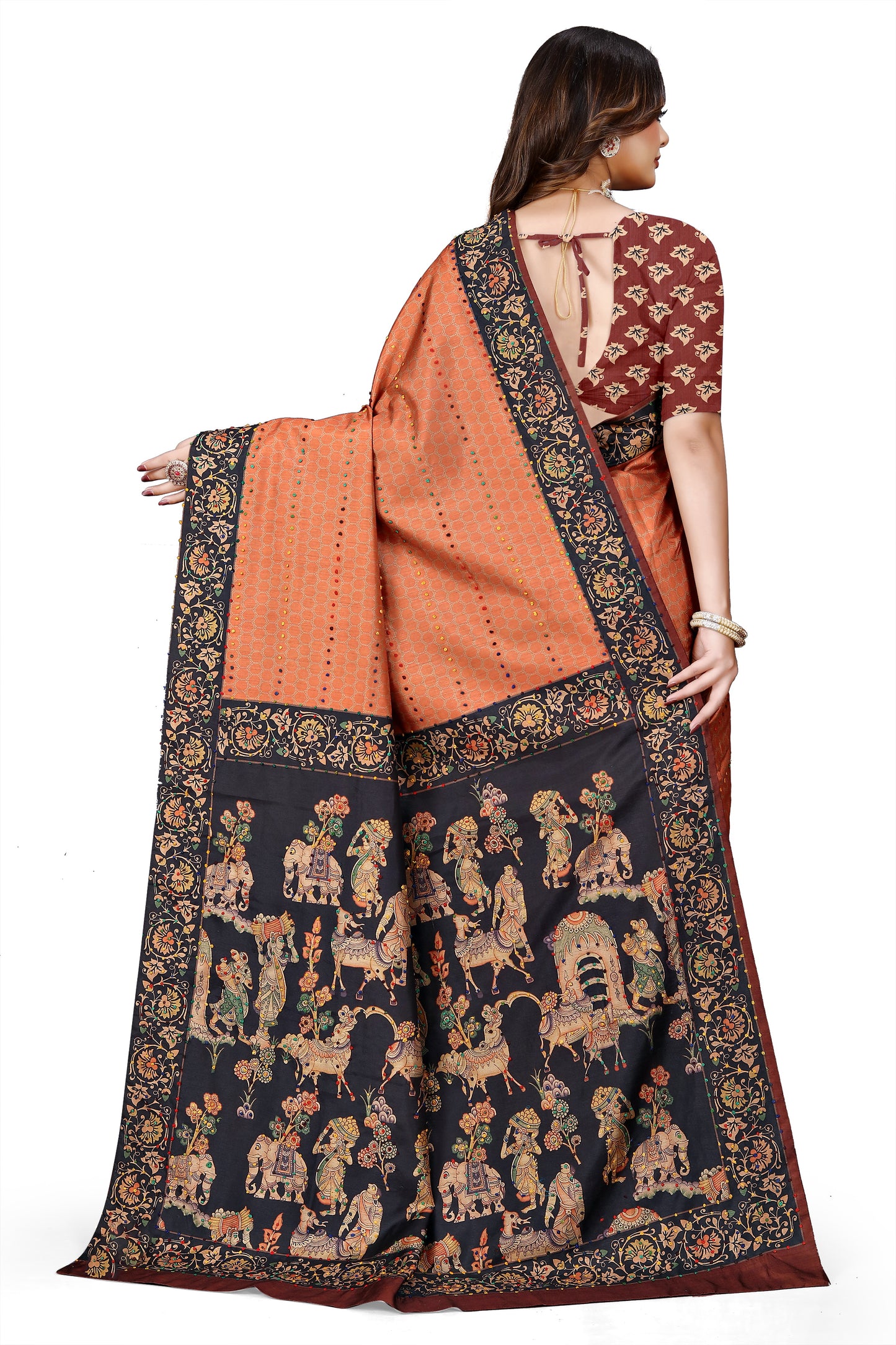 OWLSKY, SASSY & STYLO Women's Trendy Blended Silk Saree with Kalamkari Pallu & Designer Border | Festive Traditional Saree for Women | Traditional floral Motif | Saree With Unstiched Blouse Rust Orange
