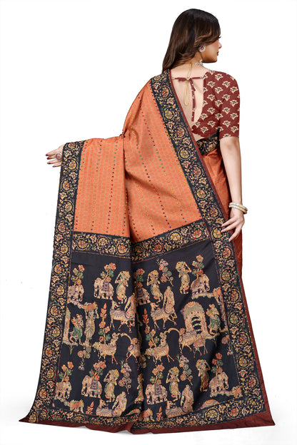 OWLSKY, SASSY & STYLO Women's Trendy Blended Silk Saree with Kalamkari Pallu & Designer Border | Festive Traditional Saree for Women | Traditional floral Motif | Saree With Unstiched Blouse Rust Orange