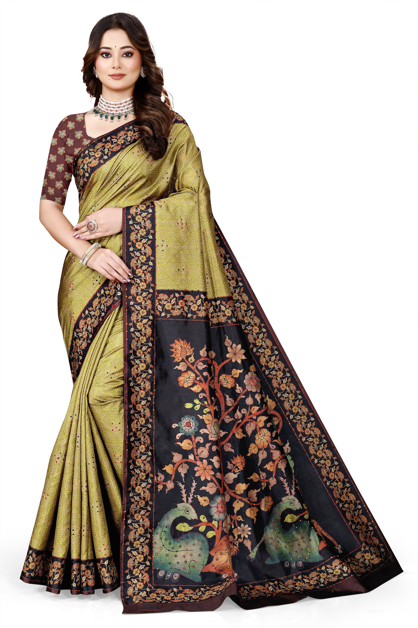 OWLSKY, SASSY & STYLO Women's Trendy Blended Silk Saree with Kalamkari Pallu & Designer Border | Festive Traditional Saree for Women | Traditional floral Motif | Saree With Unstiched Blouse Olive Green