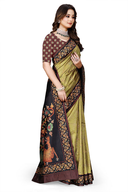 OWLSKY, SASSY & STYLO Women's Trendy Blended Silk Saree with Kalamkari Pallu & Designer Border | Festive Traditional Saree for Women | Traditional floral Motif | Saree With Unstiched Blouse Olive Green