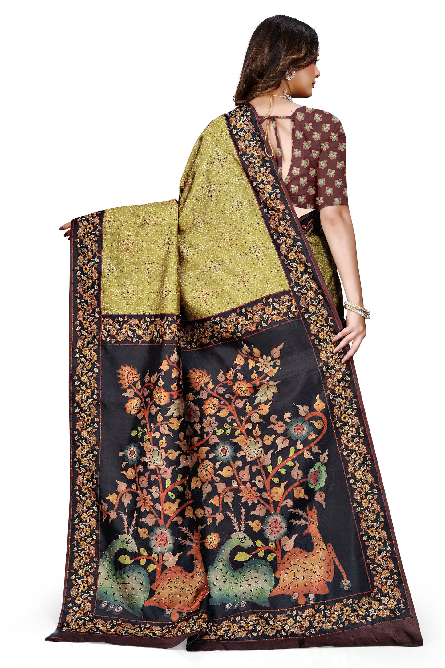 OWLSKY, SASSY & STYLO Women's Trendy Blended Silk Saree with Kalamkari Pallu & Designer Border | Festive Traditional Saree for Women | Traditional floral Motif | Saree With Unstiched Blouse Olive Green
