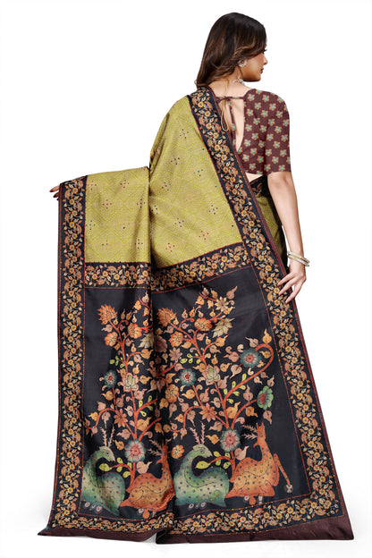 OWLSKY, SASSY & STYLO Women's Trendy Blended Silk Saree with Kalamkari Pallu & Designer Border | Festive Traditional Saree for Women | Traditional floral Motif | Saree With Unstiched Blouse Olive Green
