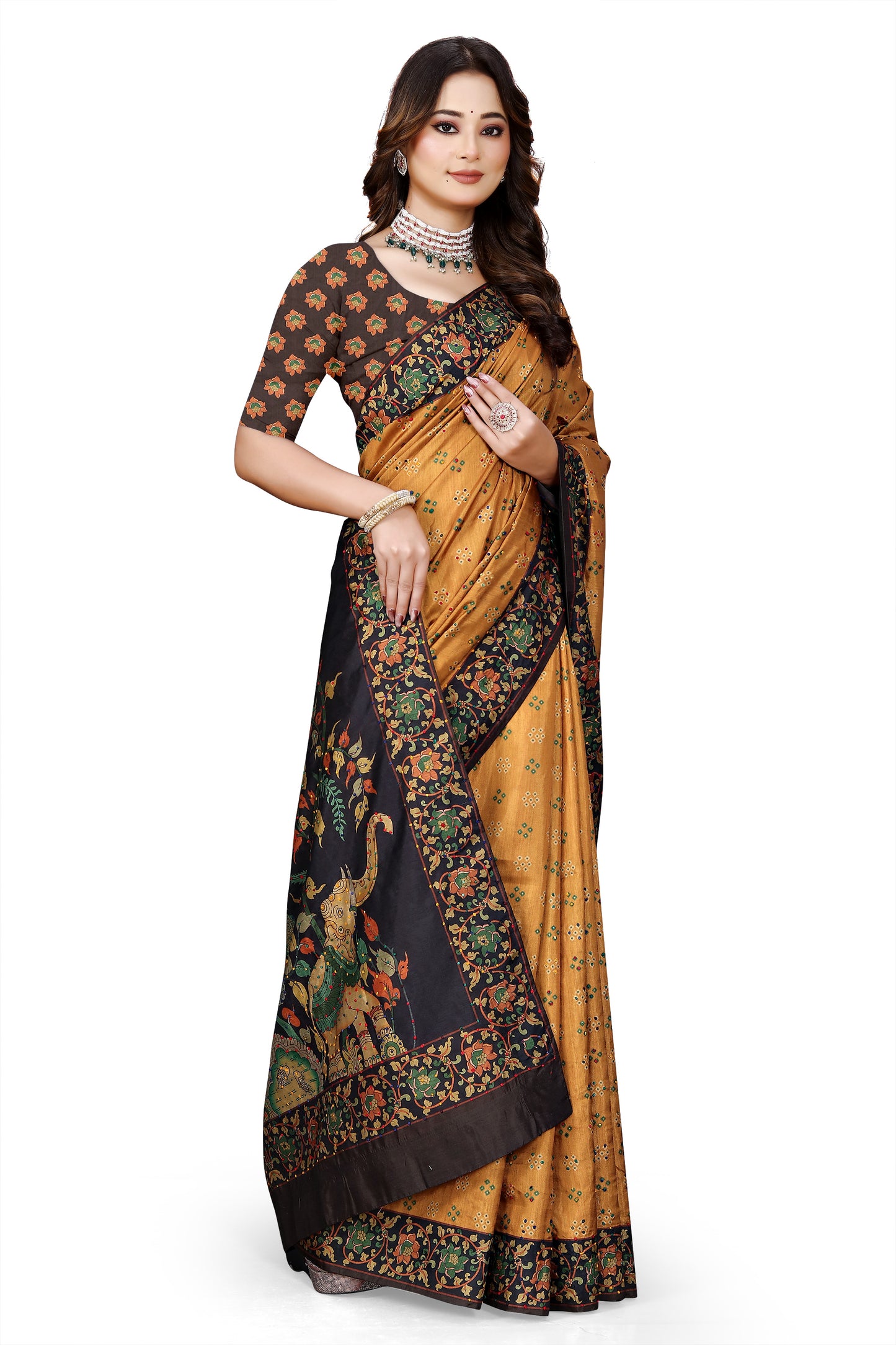 OWLSKY, SASSY & STYLO Women's Trendy Blended Silk Saree with Kalamkari Pallu & Designer Border | Festive Traditional Saree for Women | Traditional floral Motif | Saree With Unstitched Blouse Yellow