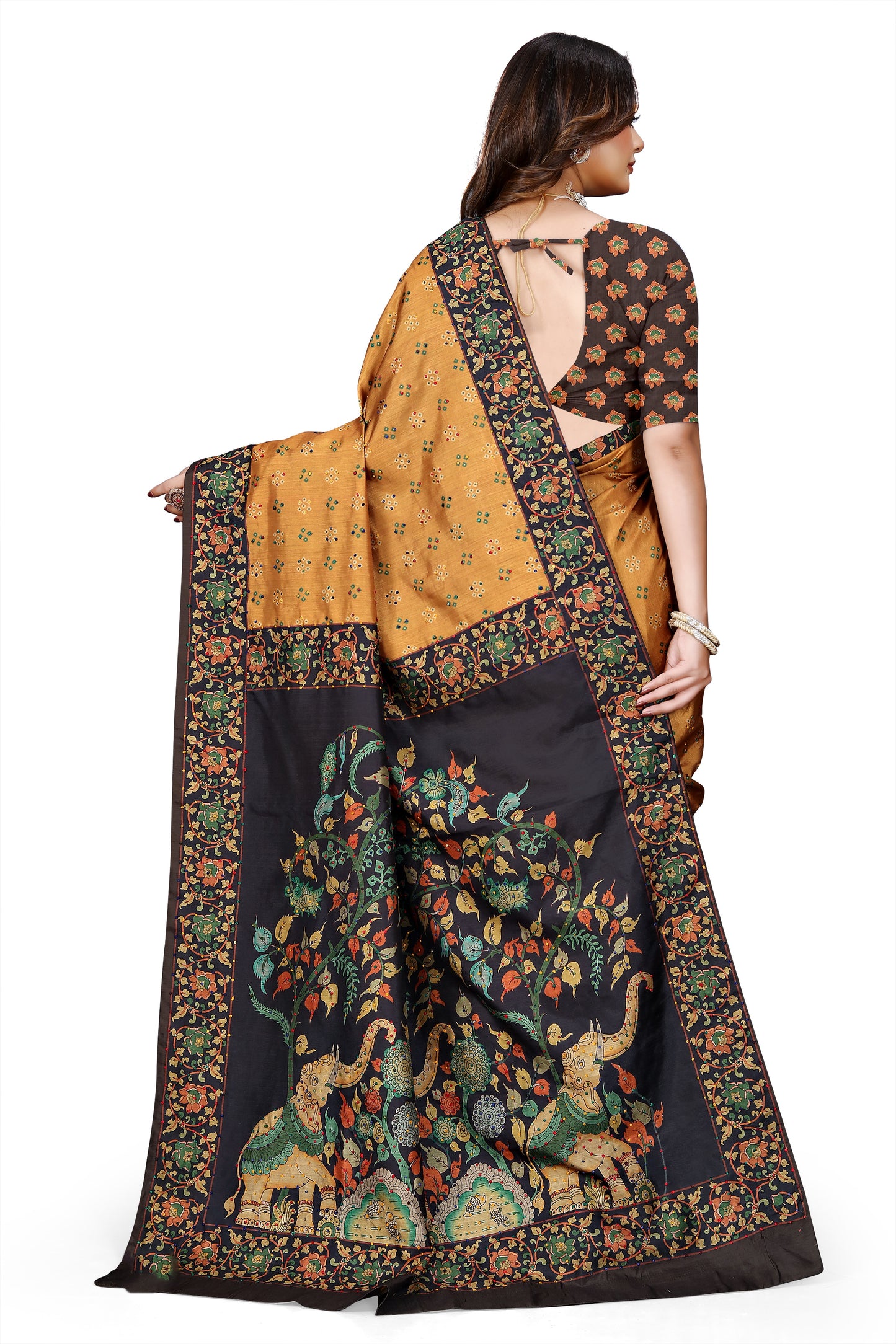 OWLSKY, SASSY & STYLO Women's Trendy Blended Silk Saree with Kalamkari Pallu & Designer Border | Festive Traditional Saree for Women | Traditional floral Motif | Saree With Unstitched Blouse Yellow