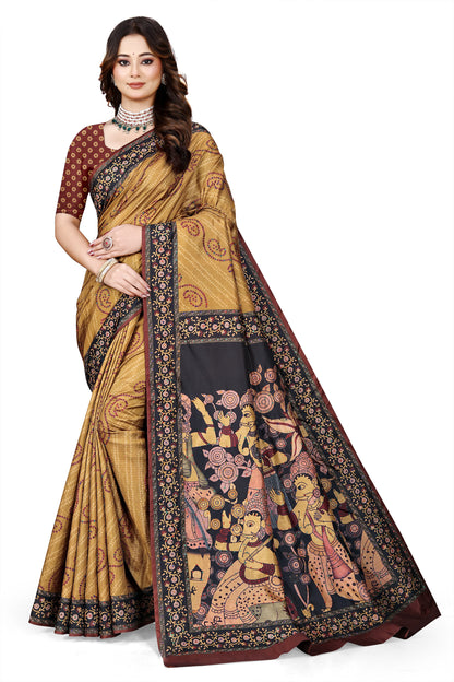 OWLSKY, SASSY & STYLO Women's Trendy Blended Silk Saree with Kalamkari Pallu & Designer Border | Festive Traditional Saree for Women | Traditional floral Motif | Saree With Unstitched Blouse Gold