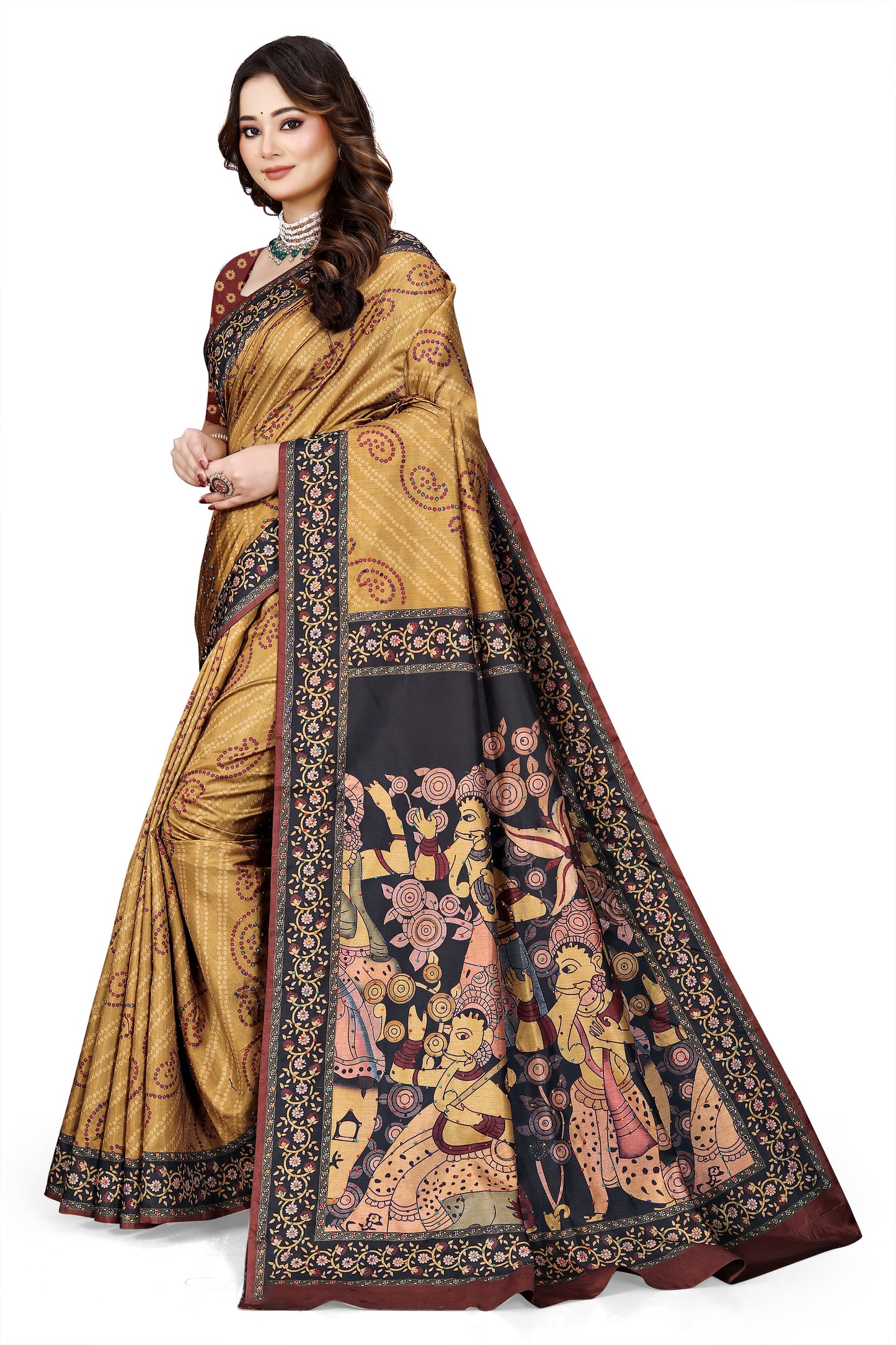 OWLSKY, SASSY & STYLO Women's Trendy Blended Silk Saree with Kalamkari Pallu & Designer Border | Festive Traditional Saree for Women | Traditional floral Motif | Saree With Unstitched Blouse Gold