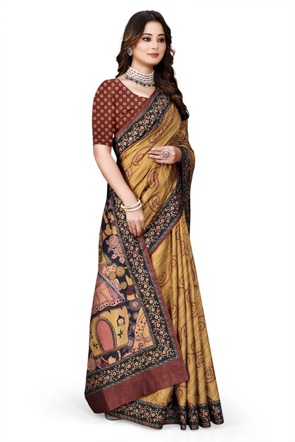 OWLSKY, SASSY & STYLO Women's Trendy Blended Silk Saree with Kalamkari Pallu & Designer Border | Festive Traditional Saree for Women | Traditional floral Motif | Saree With Unstitched Blouse Gold