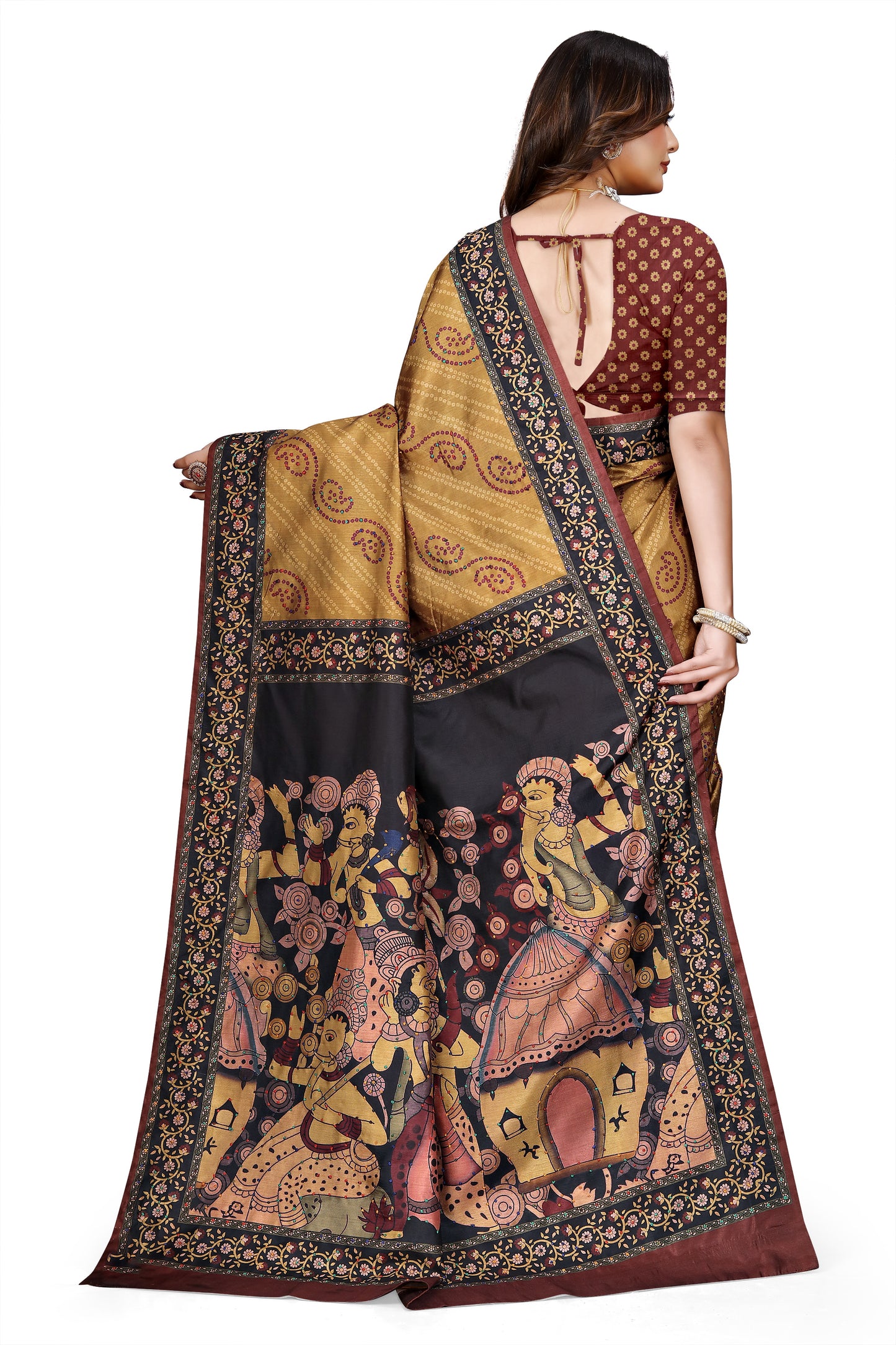 OWLSKY, SASSY & STYLO Women's Trendy Blended Silk Saree with Kalamkari Pallu & Designer Border | Festive Traditional Saree for Women | Traditional floral Motif | Saree With Unstitched Blouse Gold