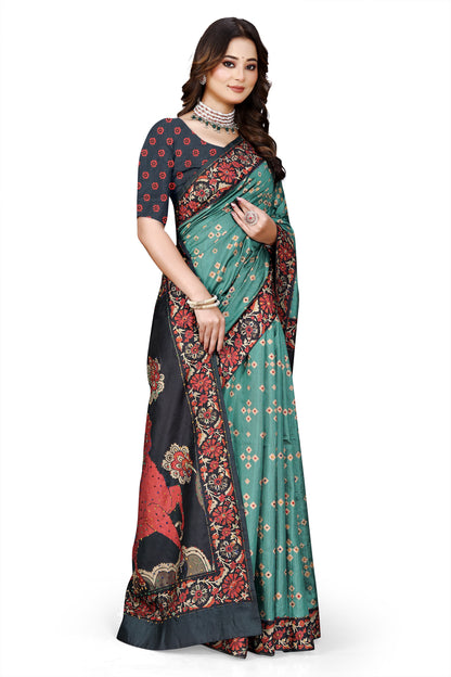 OWLSKY, SASSY & STYLO Women's Trendy Blended Silk Saree with Kalamkari Pallu & Designer Border | Festive Traditional Saree for Women | Traditional floral Motif | Saree With Unstitched Blouse Blue