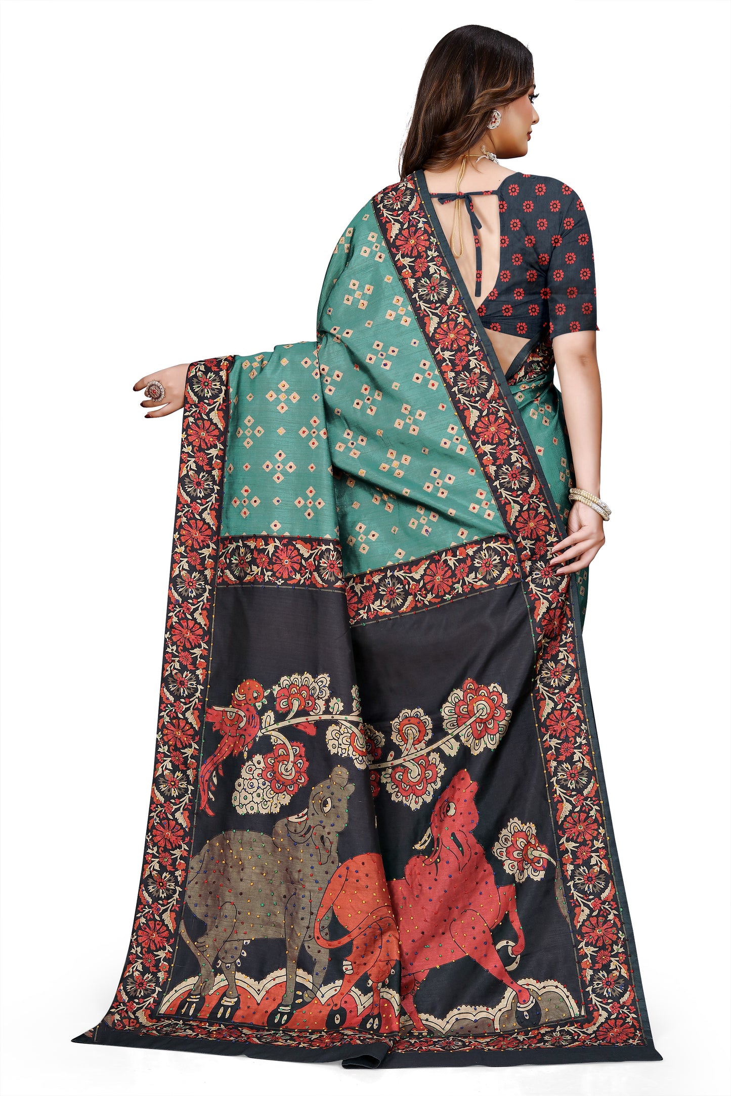 OWLSKY, SASSY & STYLO Women's Trendy Blended Silk Saree with Kalamkari Pallu & Designer Border | Festive Traditional Saree for Women | Traditional floral Motif | Saree With Unstitched Blouse Blue