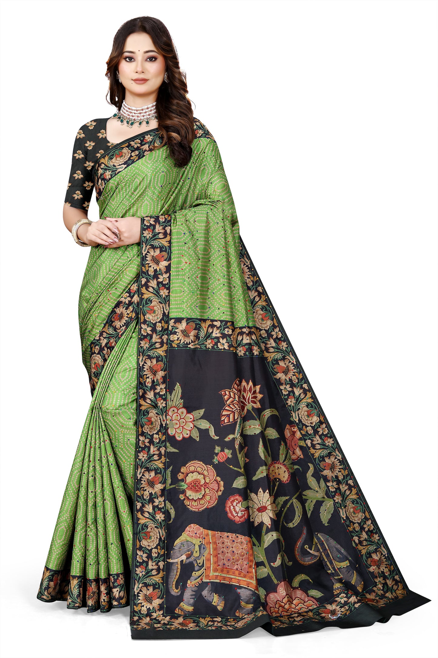 OWLSKY, SASSY & STYLO Women's Trendy Blended Silk Saree with Kalamkari Pallu & Designer Border | Festive Traditional Saree for Women | Traditional floral Motif | Saree With Unstitched Blouse Parrot Green