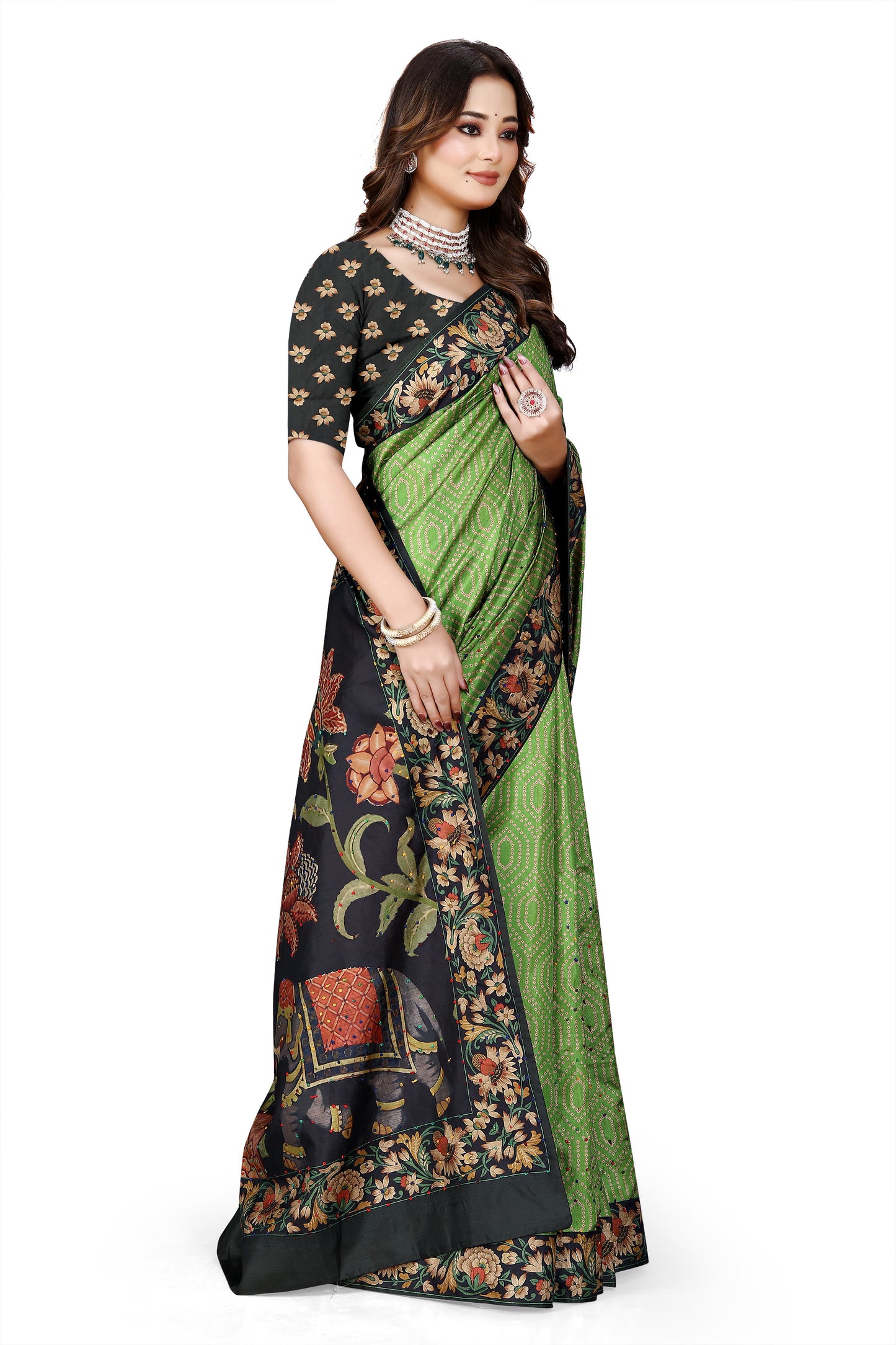 OWLSKY, SASSY & STYLO Women's Trendy Blended Silk Saree with Kalamkari Pallu & Designer Border | Festive Traditional Saree for Women | Traditional floral Motif | Saree With Unstitched Blouse Parrot Green