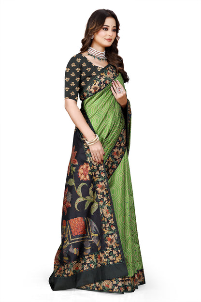 OWLSKY, SASSY & STYLO Women's Trendy Blended Silk Saree with Kalamkari Pallu & Designer Border | Festive Traditional Saree for Women | Traditional floral Motif | Saree With Unstitched Blouse Parrot Green