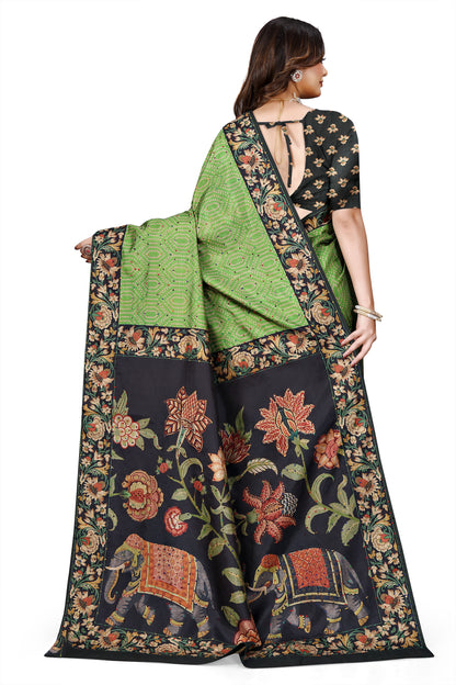 OWLSKY, SASSY & STYLO Women's Trendy Blended Silk Saree with Kalamkari Pallu & Designer Border | Festive Traditional Saree for Women | Traditional floral Motif | Saree With Unstitched Blouse Parrot Green