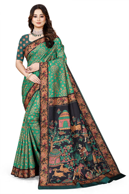 OWLSKY, SASSY & STYLO Women's Trendy Blended Silk Saree with Kalamkari Pallu & Designer Border | Festive Traditional Saree for Women | Traditional floral Motif | Saree With Unstitched Blouse Bottle Green