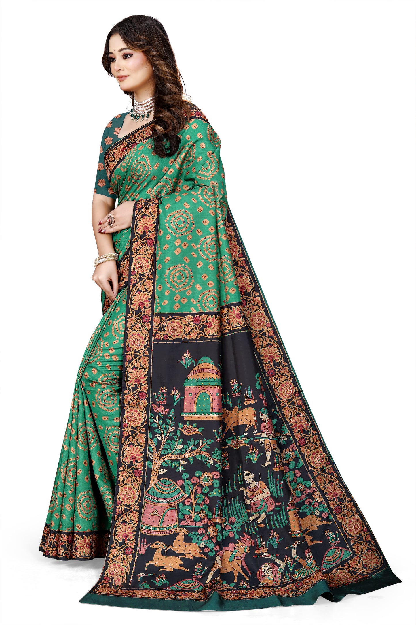 OWLSKY, SASSY & STYLO Women's Trendy Blended Silk Saree with Kalamkari Pallu & Designer Border | Festive Traditional Saree for Women | Traditional floral Motif | Saree With Unstitched Blouse Bottle Green