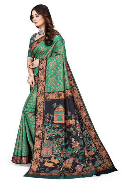 OWLSKY, SASSY & STYLO Women's Trendy Blended Silk Saree with Kalamkari Pallu & Designer Border | Festive Traditional Saree for Women | Traditional floral Motif | Saree With Unstitched Blouse Bottle Green