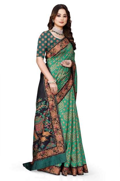 OWLSKY, SASSY & STYLO Women's Trendy Blended Silk Saree with Kalamkari Pallu & Designer Border | Festive Traditional Saree for Women | Traditional floral Motif | Saree With Unstitched Blouse Bottle Green