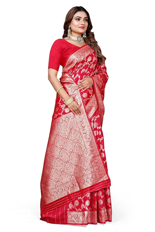 Owl Sky Women's Kanjivaram Soft Lichi Silk Saree with Silver Zari Floral Weave | With Unstiched Blouse Piece | Elegant Lightweight Indian Ethnic Sari | Red