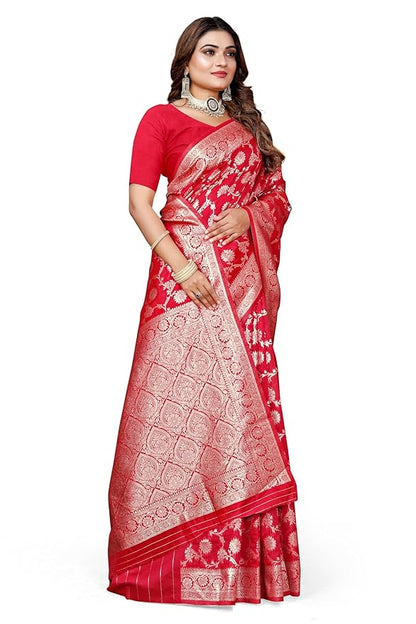 Owl Sky Women's Kanjivaram Soft Lichi Silk Saree with Silver Zari Floral Weave | With Unstiched Blouse Piece | Elegant Lightweight Indian Ethnic Sari | Red