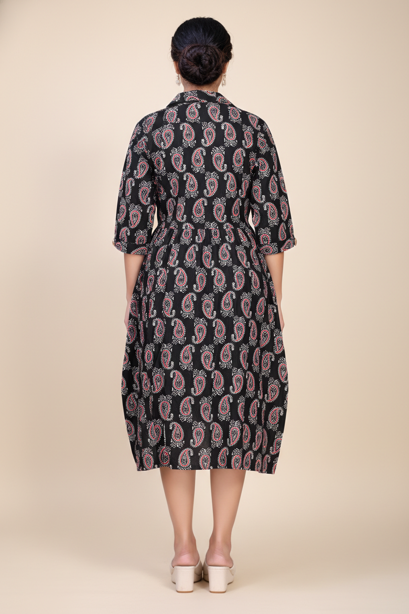 Owlsky Women Black & Red Kalamkari Printed Pure Cotton A-Line Shirt Dress -One Piece