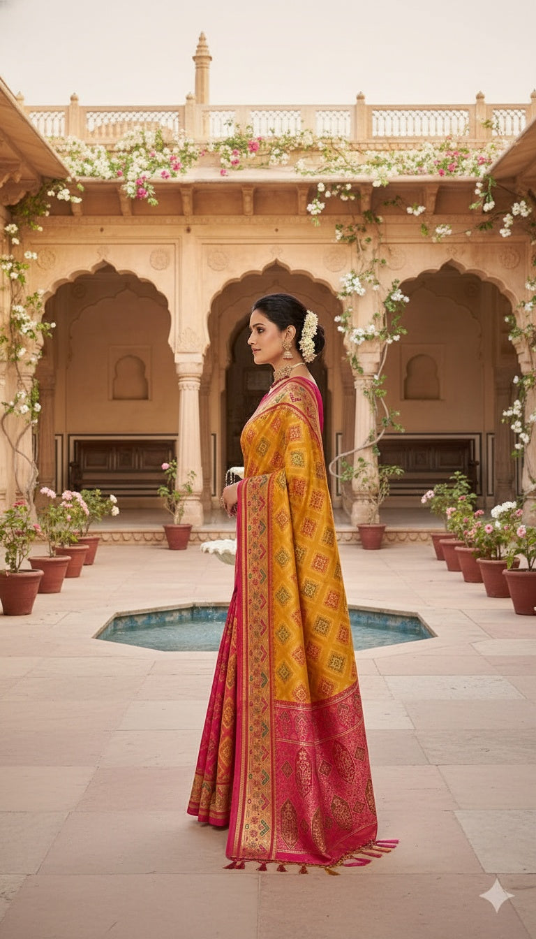 OWLSKY, SASSY & STYLO Women’s Patola Silk Saree with Unstitched Blouse | Woven Ethnic Design | Dual Tone Traditional Saree | Festive, Casual & Office Wear
