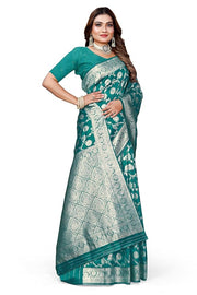 Owl Sky Women's Kanjivaram Soft Lichi Silk Saree with Silver Zari Floral Weave | With Unstiched Blouse Piece | Elegant Lightweight Indian Ethnic Sari | Morpankhi Blue