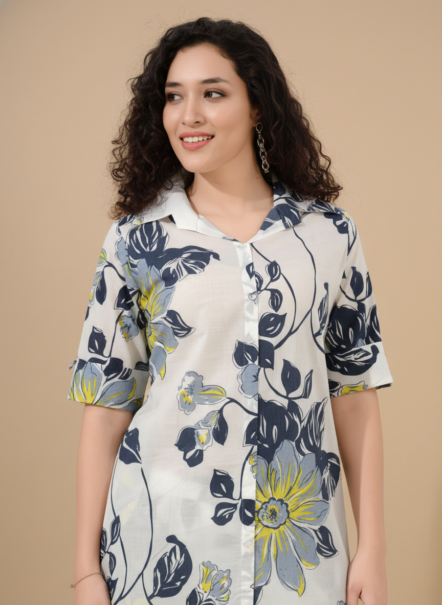 Women’s Cotton Floral Printed Co-ord Set of Kurta and Pants | Stylish Casual Two-Piece Outfit | V Neck 3/4 Sleeve
