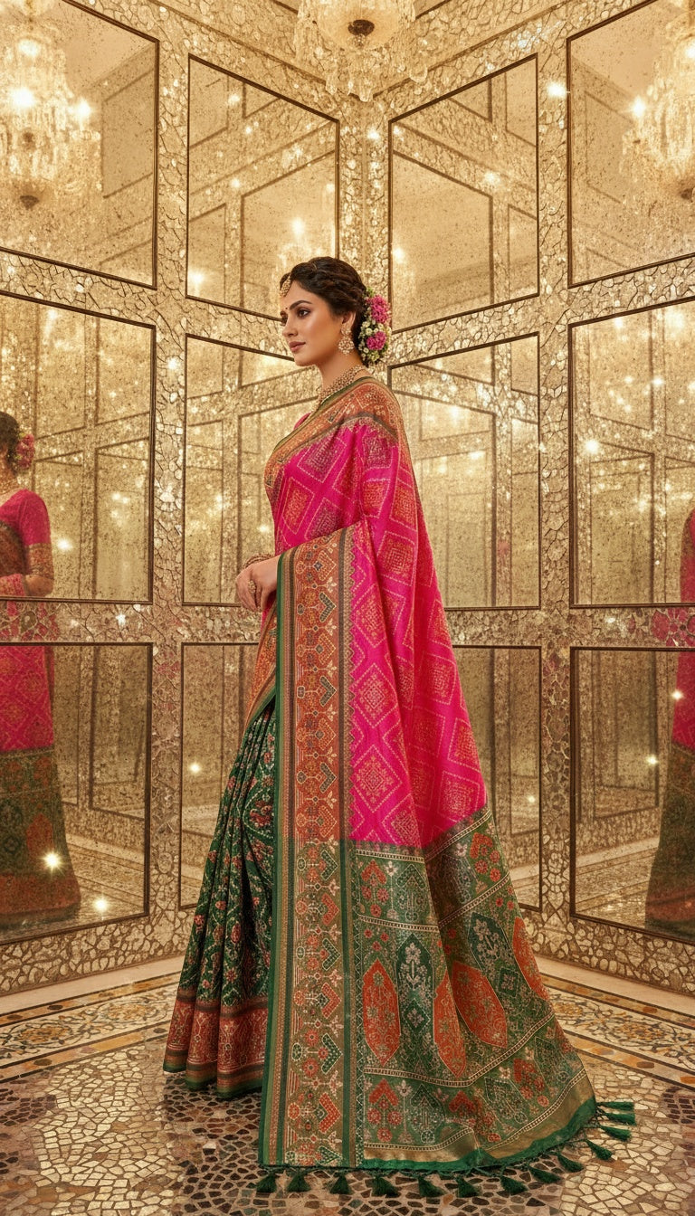 OWLSKY, SASSY & STYLO Women’s Patola Silk Saree with Unstitched Blouse | Woven Ethnic Design | Dual Tone Traditional Saree | Festive, Casual & Office Wear