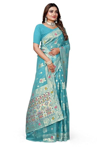 Owlsky Women’s Linen Tissue Silk Saree with Thread Weaving & Siroski Work | Included with Unstriched Blouse Piece | Sky Blue