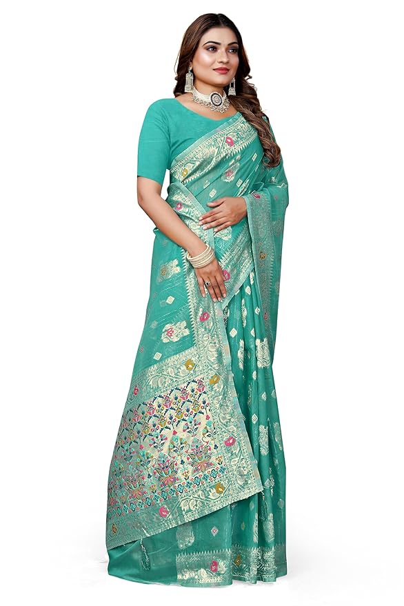 Owlsky Women’s Linen Tissue Silk Saree with Thread Weaving & Siroski Work | Included with Unstriched Blouse Piece | Aqua Blue
