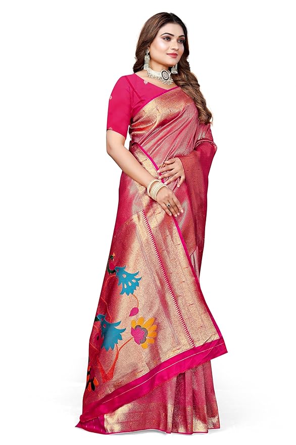 Owlsky Women’s Kanjivaram Silk Saree with Beautiful Paithani Rich Pallu | Design Work Zari Woven Kanjivaram Silk Style Saree With Soft Lichi Silk Blouse Rani Pink