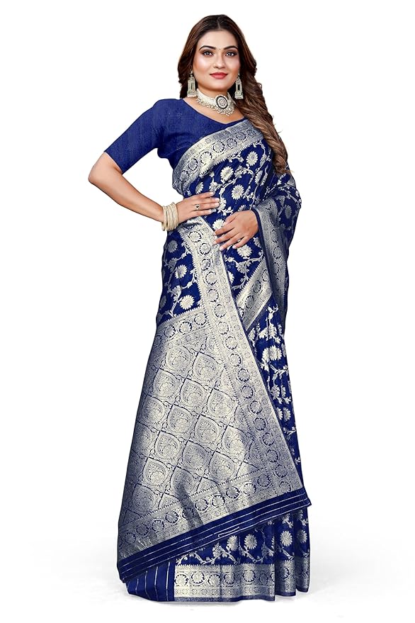 Owl Sky Women's Kanjivaram Soft Lichi Silk Saree with Silver Zari Floral Weave | With Unstiched Blouse Piece | Elegant Lightweight Indian Ethnic Sari | Royal Blue