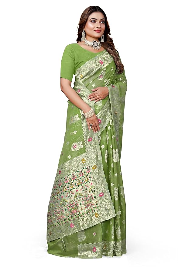Owlsky Women’s Linen Tissue Silk Saree with Thread Weaving & Siroski Work | Included with Unstriched Blouse Piece | Pista Green