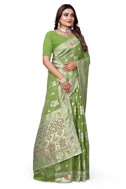 Owlsky Women’s Linen Tissue Silk Saree with Thread Weaving & Siroski Work | Included with Unstriched Blouse Piece | Pista Green