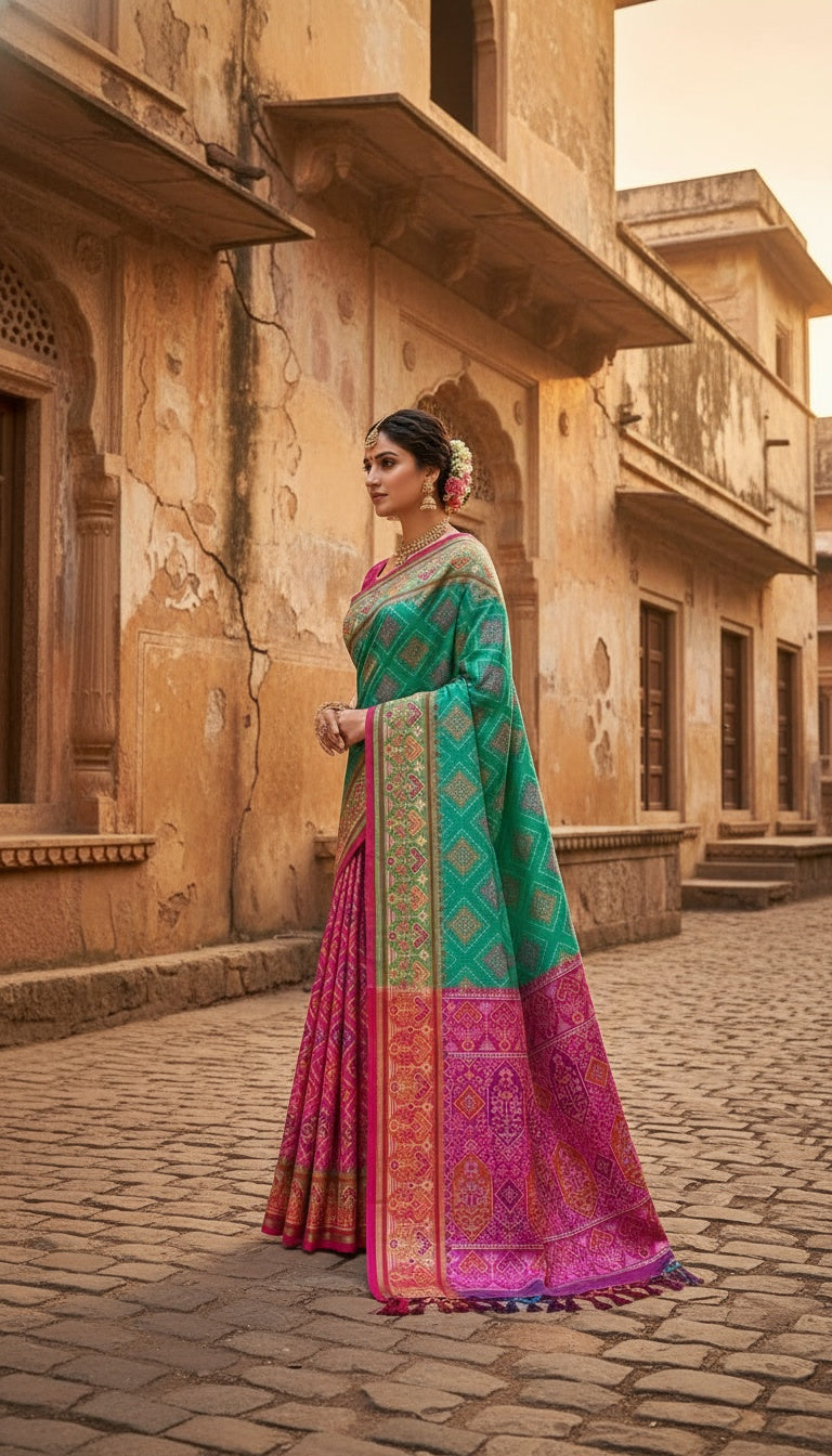 OWLSKY, SASSY & STYLO Women’s Patola Silk Saree with Unstitched Blouse | Woven Ethnic Design | Dual Tone Traditional Saree | Festive, Casual & Office Wear