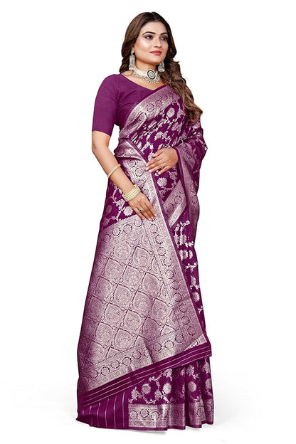 Owl Sky Women's Kanjivaram Soft Lichi Silk Saree with Silver Zari Floral Weave | With Unstiched Blouse Piece | Elegant Lightweight Indian Ethnic Sari | Wine