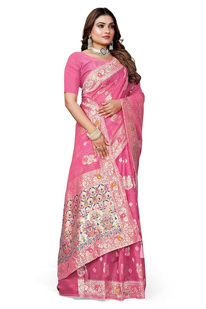 Owlsky Women’s Linen Tissue Silk Saree with Thread Weaving & Siroski Work | Included with Unstriched Blouse Piece | Rani Pink