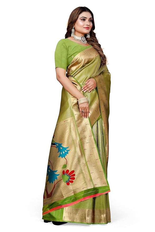 Owlsky Women’s Kanjivaram Silk Saree with Beautiful Paithani Rich Pallu | Design Work Zari Woven Kanjivaram Silk Style Saree With Soft Lichi Silk Blouse Olive Green