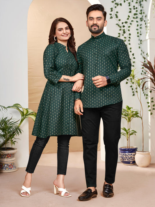 Owl Sky Elegant Couple Combo: Men’s Shirt Kurta & Women’s Tunic Set Green