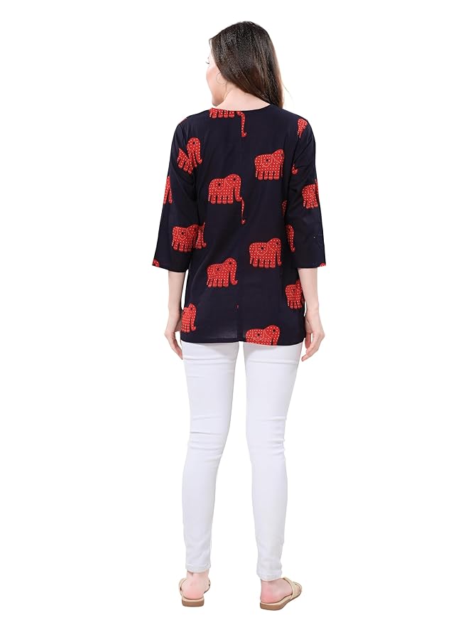 Owl Sky Women’s Pure Cotton Jaipuri Printed Short Kurti –  Black