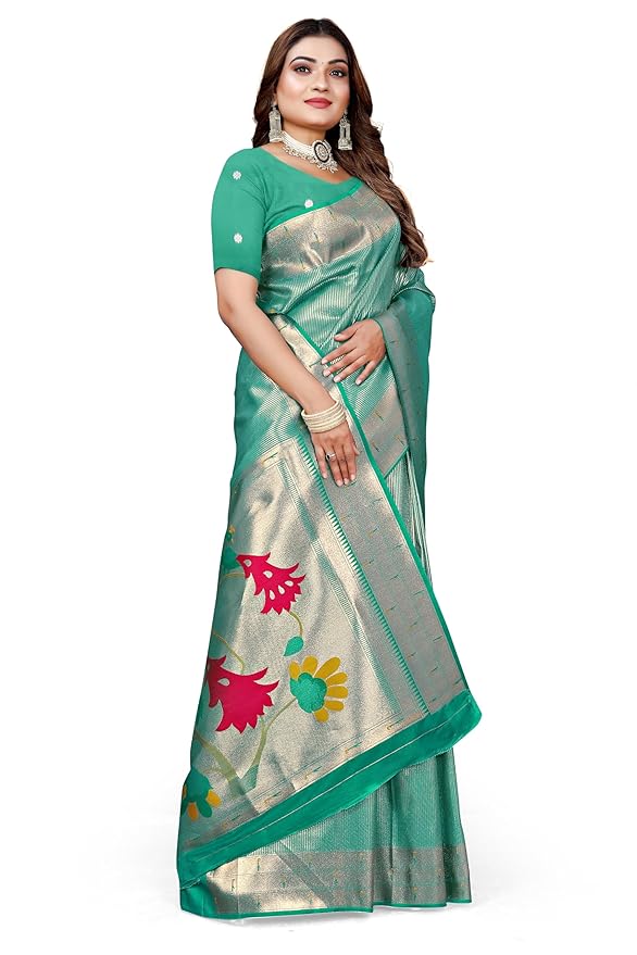 Owlsky Women’s Kanjivaram Silk Saree with Beautiful Paithani Rich Pallu | Design Work Zari Woven Kanjivaram Silk Style Saree With Soft Lichi Silk Blouse Sea Green