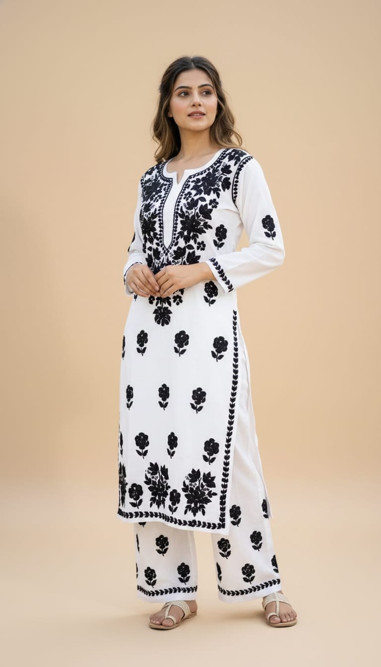 Owlsky Women Beige Lakhnavi Chikankari Modal Kurta with Palazzos-White