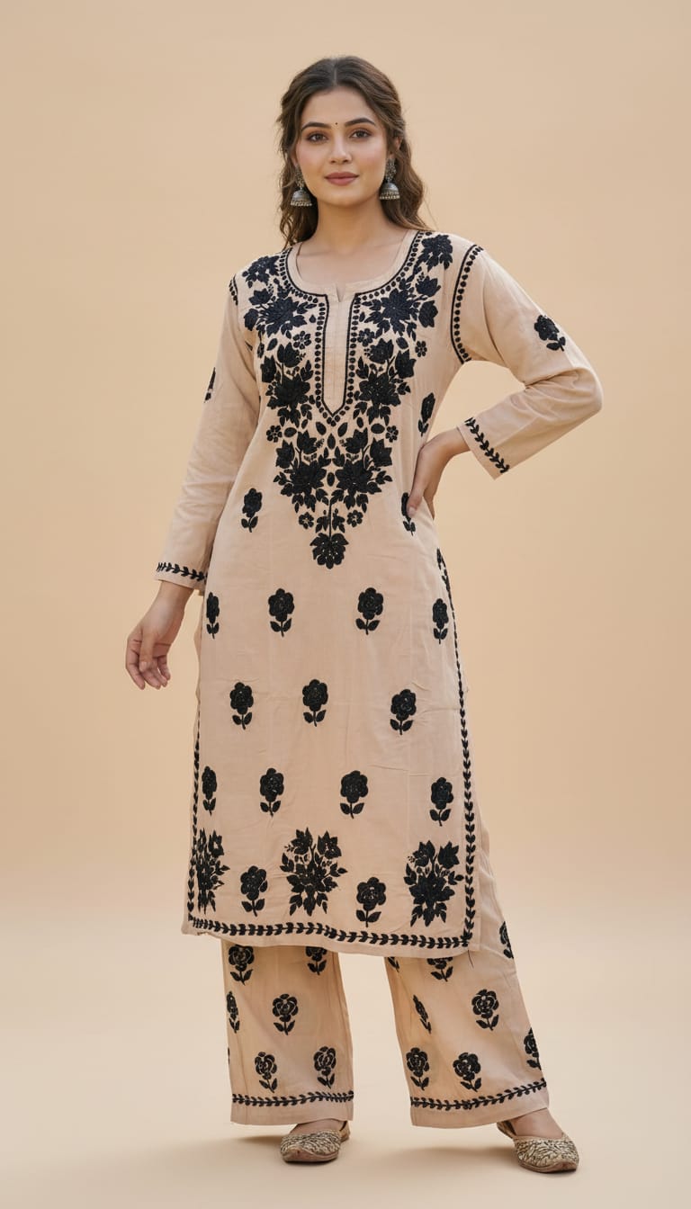 Owlsky Women Beige Lakhnavi Chikankari Modal Kurta with Palazzos
