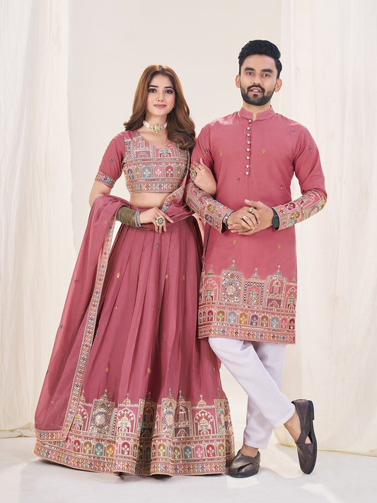 Owl Sky Couple Matching Embroidered Georgette Lehenga Choli & Men’s Kurta Set with Sequins Work (Semi-Stitched, Wedding & Festive Wear) Pink