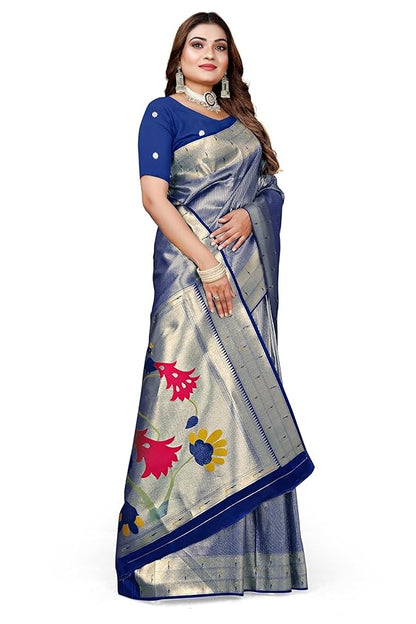 Owlsky Women’s Kanjivaram Silk Saree with Beautiful Paithani Rich Pallu | Design Work Zari Woven Kanjivaram Silk Style Saree With Soft Lichi Silk Blouse Navy Blue