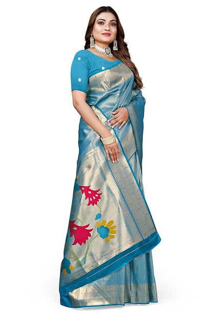 Owlsky Women’s Kanjivaram Silk Saree with Beautiful Paithani Rich Pallu | Design Work Zari Woven Kanjivaram Silk Style Saree With Soft Lichi Silk Blouse Sky Blue