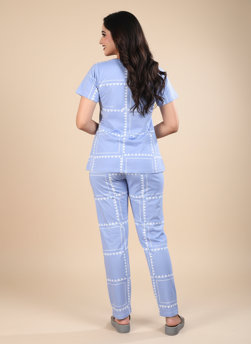 Owlsky Women Sky Blue & Navy Printed Hosiery Cotton Nightsuit