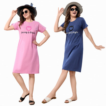 Women's Solid Printed Casual Relaxed Cotton Knee Length Regular Fit Nighty Combo Set of 2